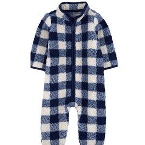 Carters Zip-Up 1-Piece Long Sleeve Zip-up Jumpsuit Size 12M Blue Plaid Gingham